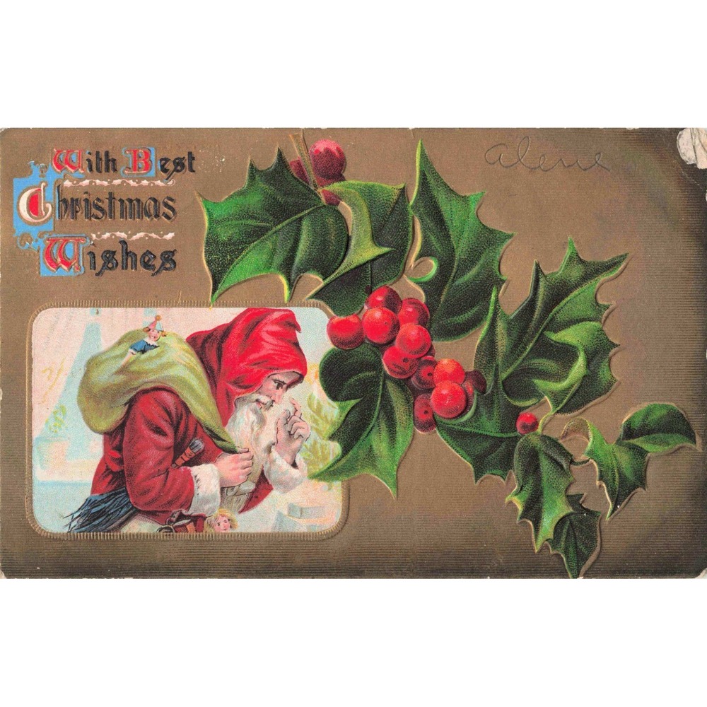 Antique Embossed Christmas Postcard Santa Claus Holly Berry Divided Back VG- - Picture 1 of 2
